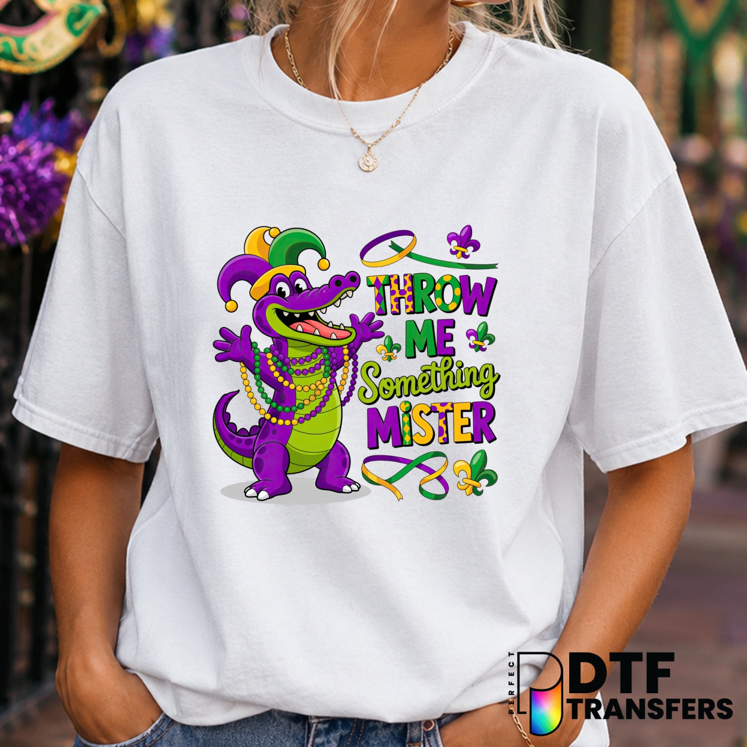 THROW ME SOMETHING MISTER – Mardi Gras DTF Transfer (view 2 of 2) – by Perfect DTF Transfers – Premade DTF Transfers – Mar...
