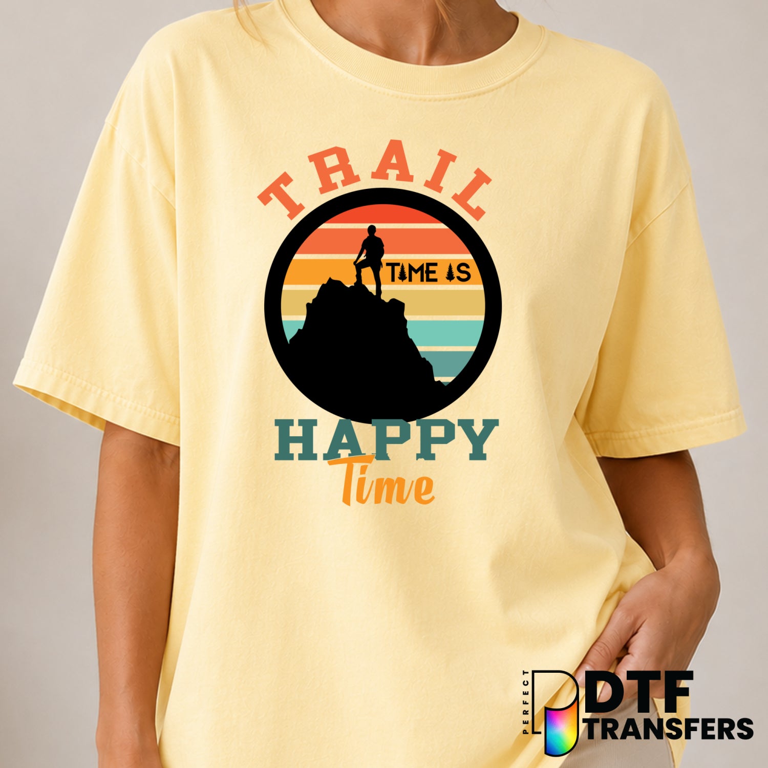 Trail Time Is Happy Time – Hiking DTF Transfer (view 1 of 2) – by Perfect DTF Transfers – Premade DTF Transfers – Hiking,...