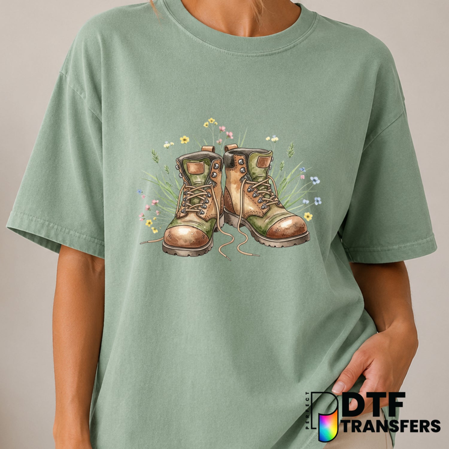 Vintage Hiking Boots & Wildflowers – Hiking DTF Transfer (view 1 of 2) – by Perfect DTF Transfers – Premade DTF Transfers...