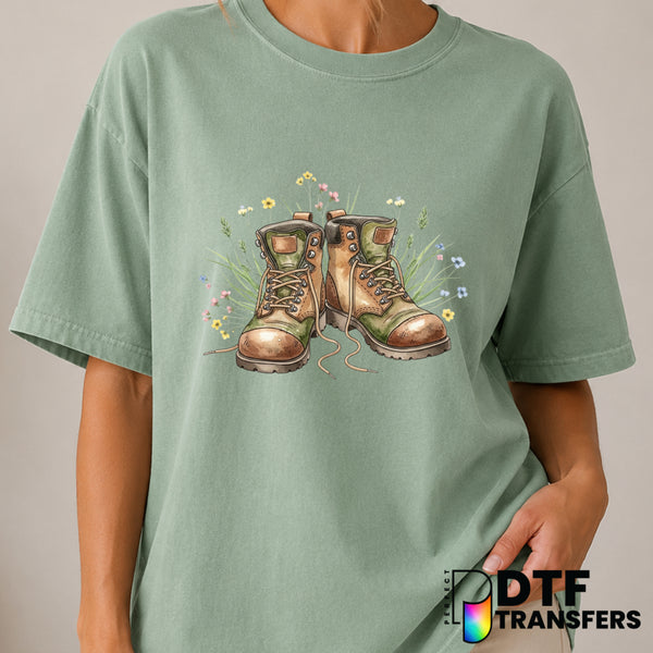 Vintage Hiking Boots & Wildflowers – Hiking DTF Transfer (view 1 of 2) – by Perfect DTF Transfers – Premade DTF Transfers...