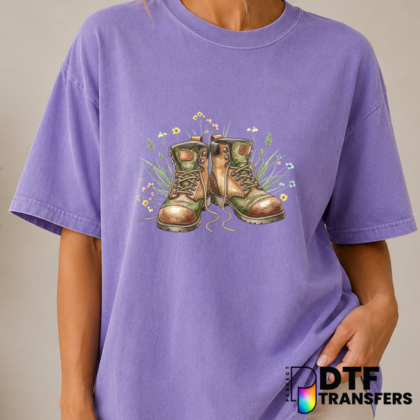 Vintage Hiking Boots & Wildflowers – Hiking DTF Transfer (view 2 of 2) – by Perfect DTF Transfers – Premade DTF Transfers...