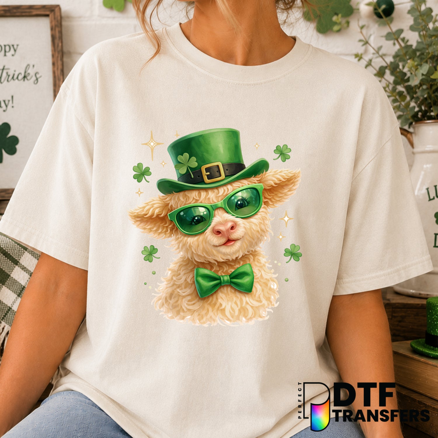 Watercolor Sheep & Shamrock – St. Patrick's Day DTF Transfer (view 2 of 2) – by Perfect DTF Transfers – Premade DTF Transf...