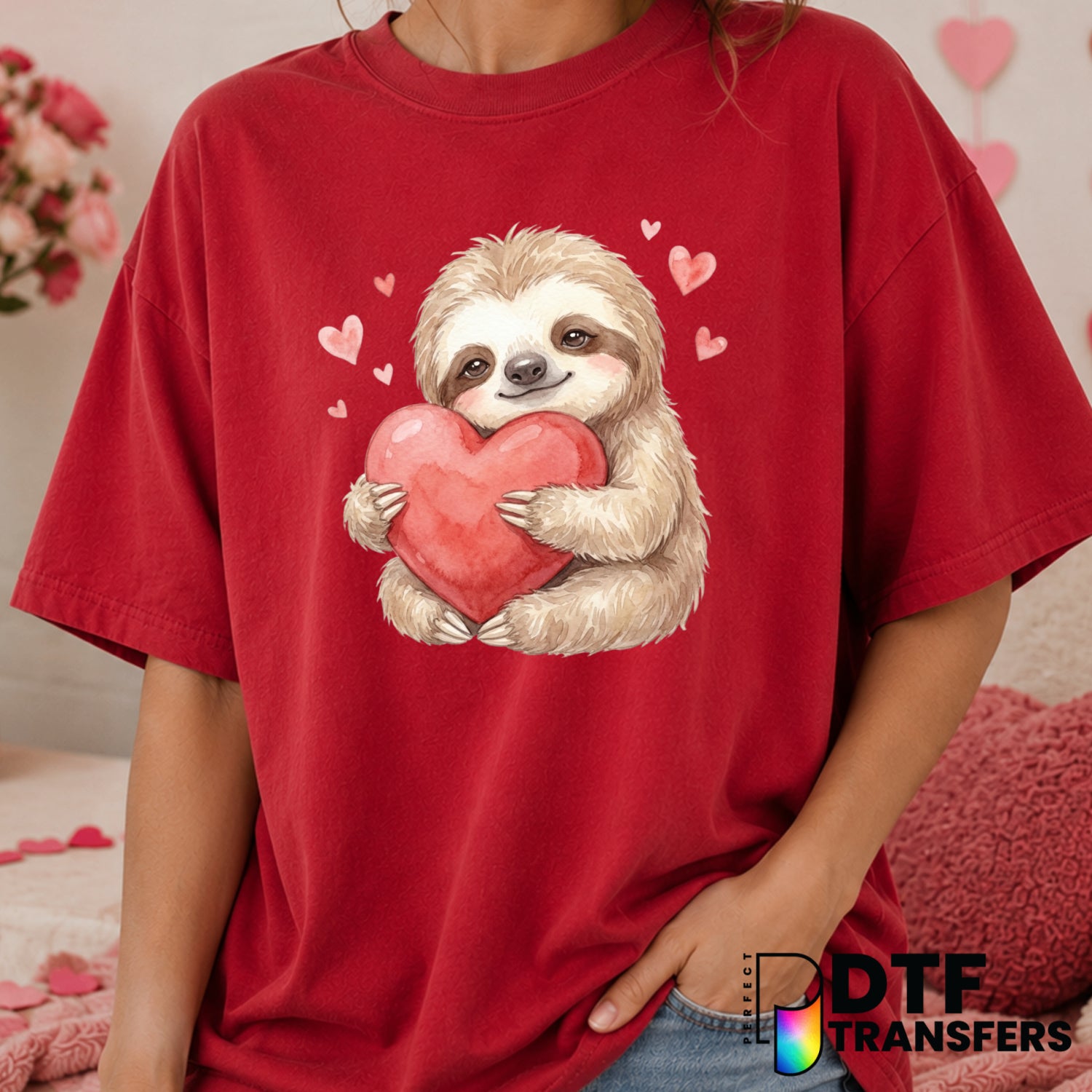 Watercolor Sloth Heart – Valentine's Day DTF Transfer (view 2 of 2) – by Perfect DTF Transfers – Premade DTF Transfers – V...