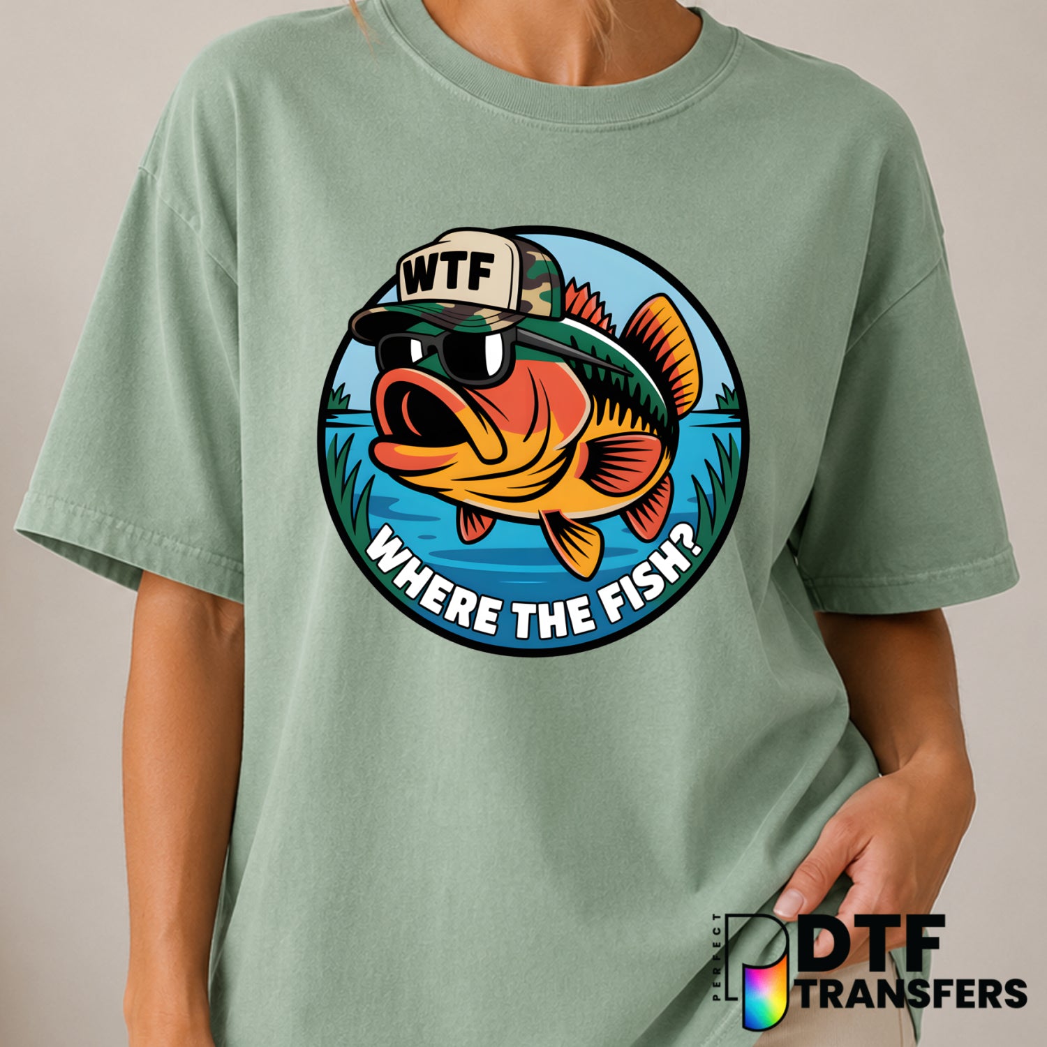 WTF Where The Fish Camo – Bass Fishing DTF Transfer (view 2 of 2) – by Perfect DTF Transfers – Premade DTF Transfers – Fis...