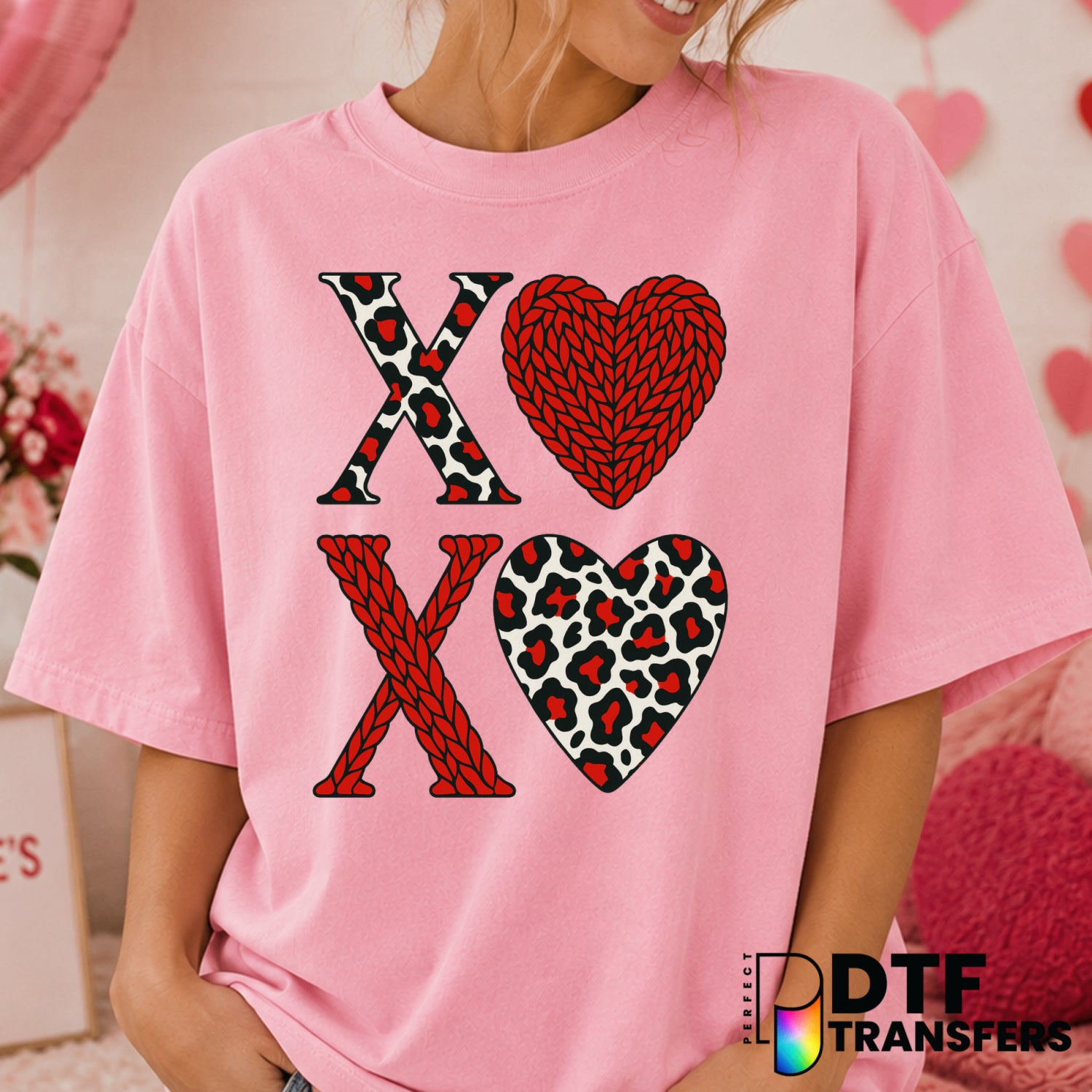 XOXO Stacked Leopard Knit Valentines Day – Valentine's Day DTF Transfer (view 2 of 2) – by Perfect DTF Transfers – Premade...
