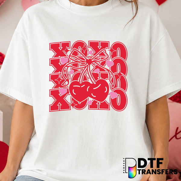 XOXO Stacked Valentine's Day Coquette Cherries Bow – DTF Transfer (view 1 of 2) – by Perfect DTF Transfers – Premade DTF T...