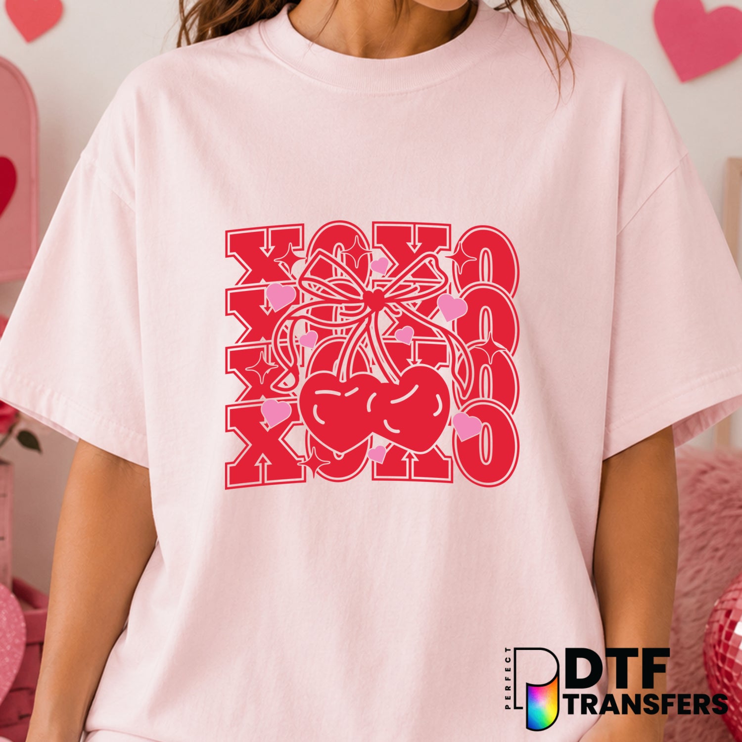 XOXO Stacked Valentine's Day Coquette Cherries Bow – DTF Transfer (view 2 of 2) – by Perfect DTF Transfers – Premade DTF T...