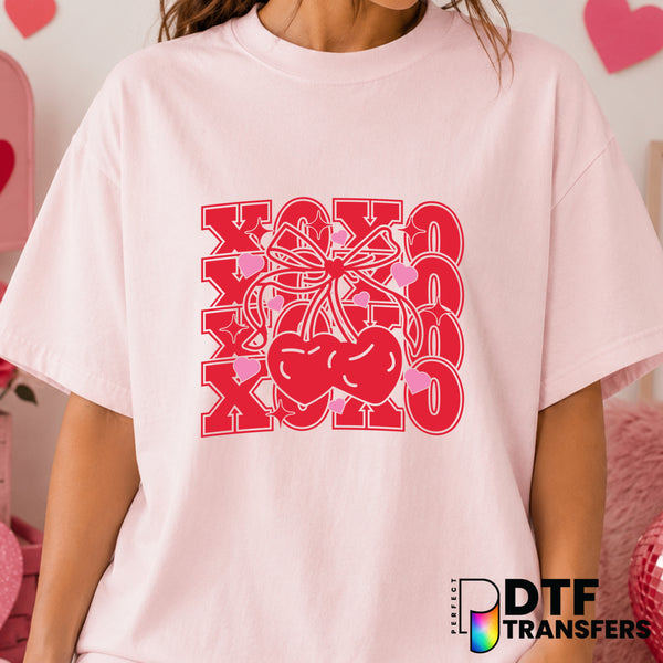 XOXO Stacked Valentine's Day Coquette Cherries Bow – DTF Transfer (view 2 of 2) – by Perfect DTF Transfers – Premade DTF T...